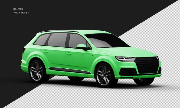 Geïsoleerde realistische metalen mat groene sport elegante SUV auto van rechts vooraanzicht