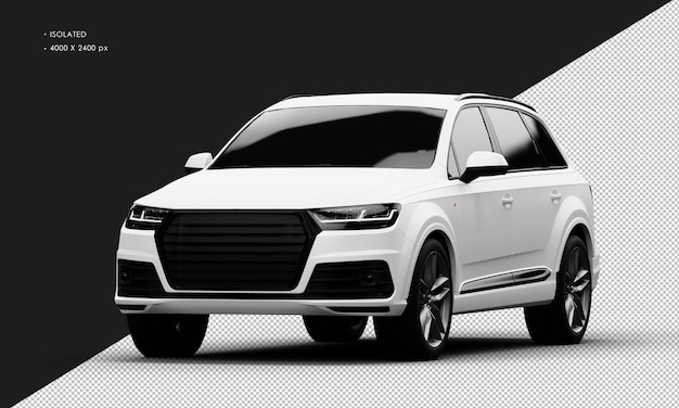 Geïsoleerde realistische metalen mat witte sport elegante SUV auto van linksvoor hoekmening