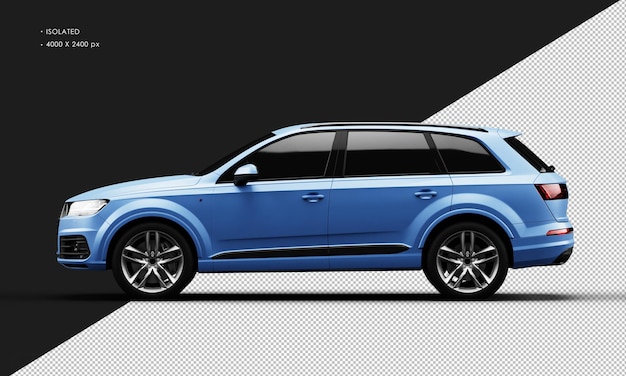 Geïsoleerde realistische metalen matblauwe sport elegante SUV-auto van links zijaanzicht