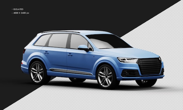 Geïsoleerde realistische metalen matblauwe sport elegante SUV-auto van rechts vooraanzicht