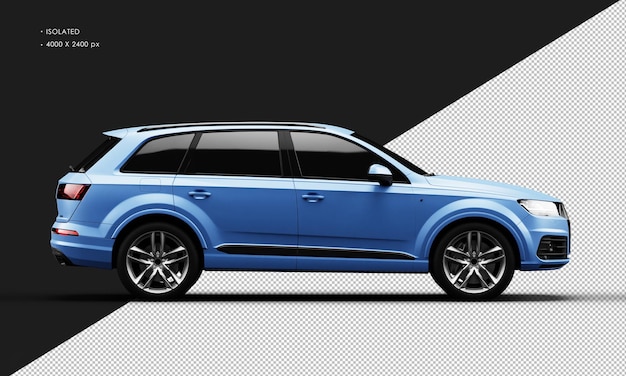 Geïsoleerde realistische metalen matblauwe sport elegante SUV-auto van rechts zijaanzicht
