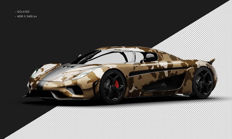 PSD geïsoleerde realistische metalen modderbruine camouflage sport touring hybrid sportwagen links voor