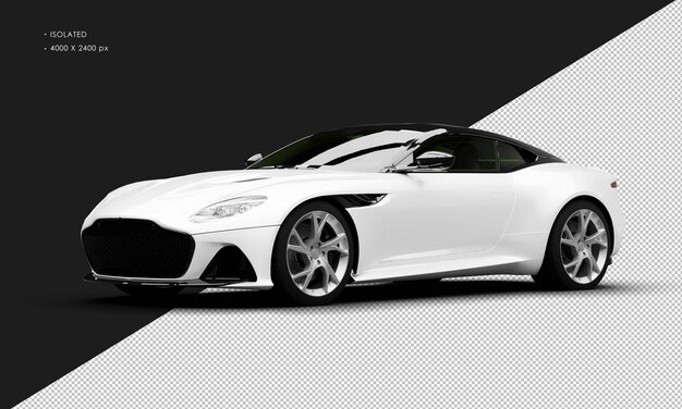 Geïsoleerde realistische metalen witte moderne sport supercar van links naar voren
