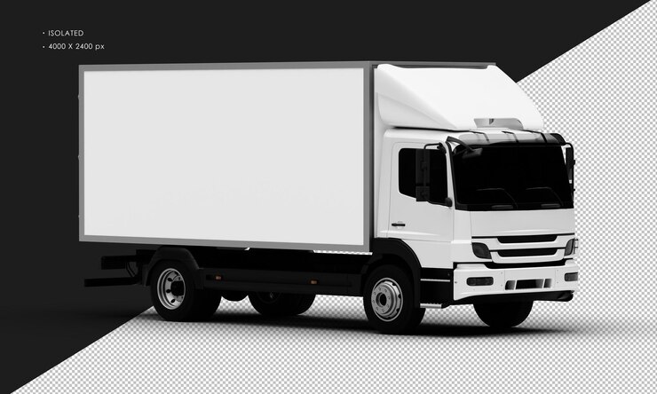PSD geïsoleerde realistische metalen witte transportdoos vrachtwagen auto van rechts vooraanzicht