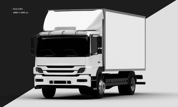 Geïsoleerde realistische metalen witte transportdoos vrachtwagen auto vanuit linker vooraanzicht hoek