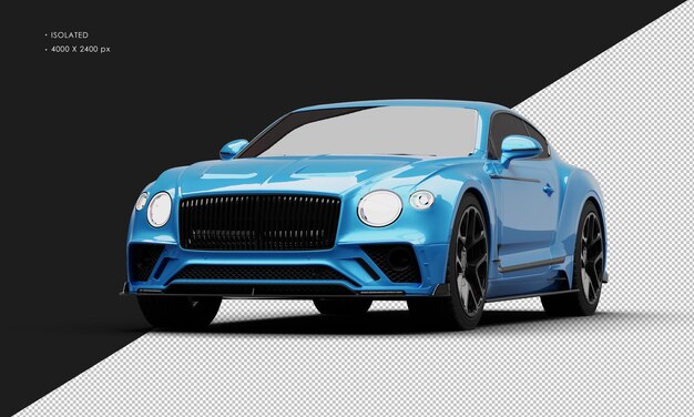 Geïsoleerde realistische metallic blauwe luxe grand tourer sedan auto vanuit linker voorhoekweergave