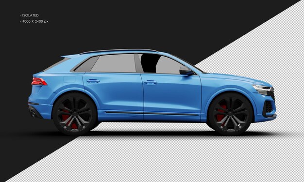 Geïsoleerde realistische metallic blauwe luxe hybride moderne Suv-auto van rechts zijaanzicht