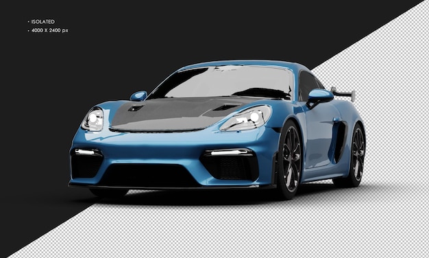 Geïsoleerde Realistische Metallic Blue Luxury Athletic Super Sport Car vanuit de linker voorhoek