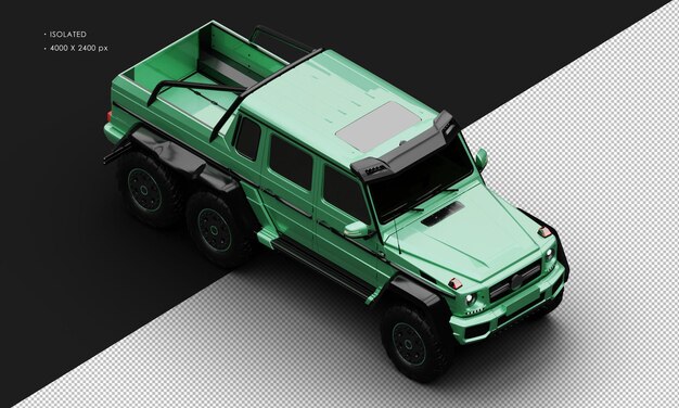 Geïsoleerde realistische metallic green exclusive six wheel drive luxury suv van boven rechts vooraan