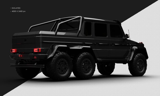 PSD geïsoleerde realistische metallic zwarte exclusieve six wheel drive luxe suv van rechts achter
