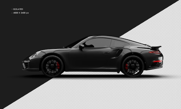 Geïsoleerde realistische metallic zwarte luxe elegante sportwagen vanaf linkerzijaanzicht