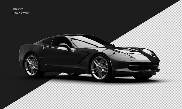 Geïsoleerde realistische metallic zwarte luxe supersportwagen van rechts vooraanzicht