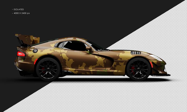 PSD geïsoleerde realistische metallische natuur bodem camouflage strepen racing sport sedan super car rechterzijde