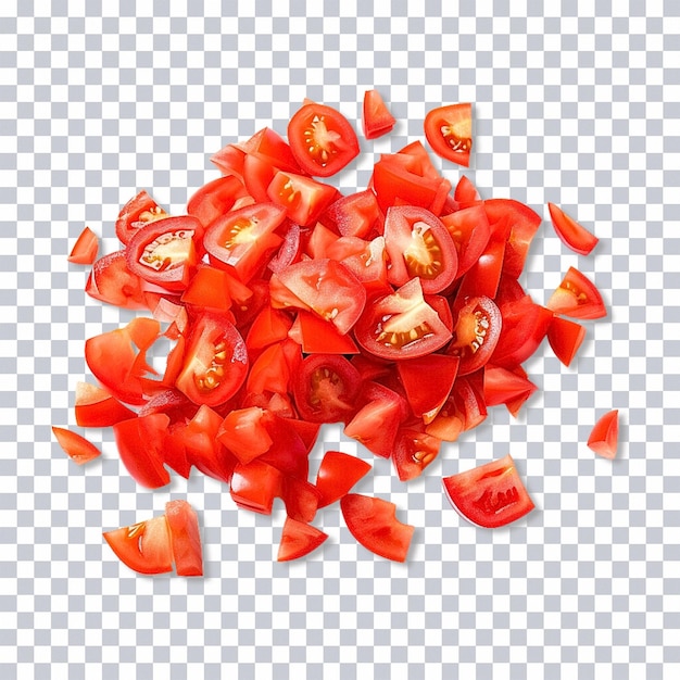 PSD gekapte tomaten in kleine stukjes geïsoleerd op doorzichtige achtergrond png