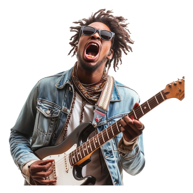 PSD gekke hipster afro-amerikaanse kerel die doet alsof hij gitaar speelt en plezier heeft.