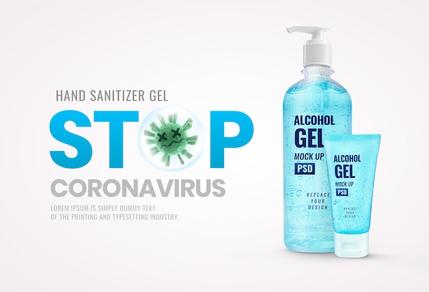 Gel bottle and tube hand sanitizer dead virus banner advertising