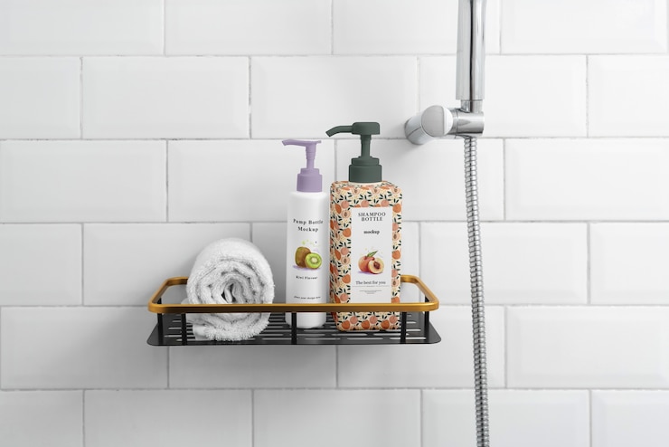 PSD gel en shampoo op de muur.