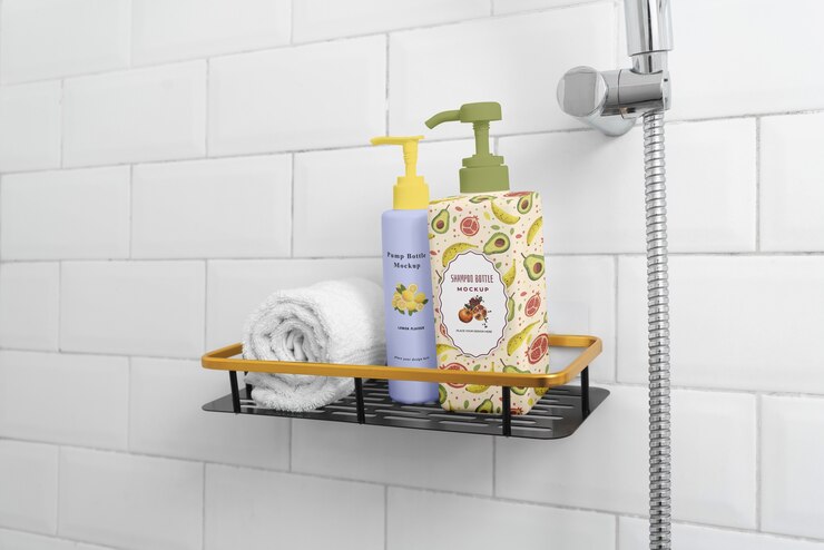 PSD gel en shampoo op de muur.