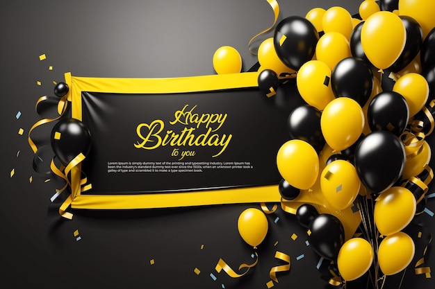 PSD gele en zwarte glanzende achtergrond gelukkige verjaardag aan u tekst met kleurrijke ballonnen