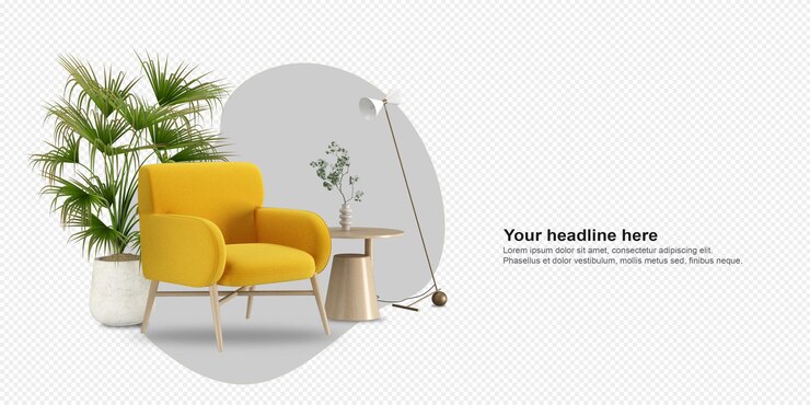 PSD gele fauteuil en plant in 3d-rendering
