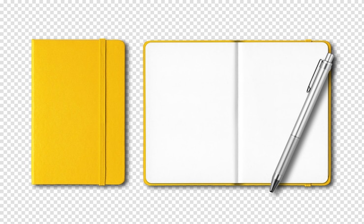 PSD gele gesloten en open notebooks met een pen geïsoleerd op transparante achtergrond