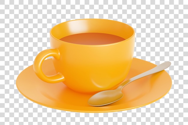 Gele koffiekop schotel en lepel geïsoleerd op een witte achtergrond 3d render illustratie