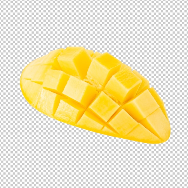 Gele mango's gesneden in de volle diepte van het veld