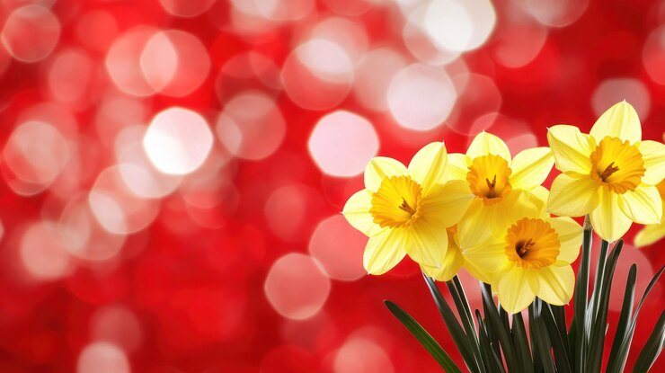 PSD gele narcissen tegen een rode bokeh-achtergrond
