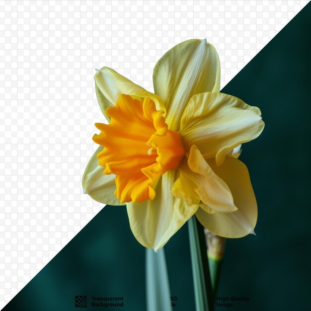 PSD gele narcissus op een groene geïsoleerde achtergrond dichtbij het woord bloemen de inscriptie bloemen vesenia bloemen op een donkergroene geïsoleerde achtergrond