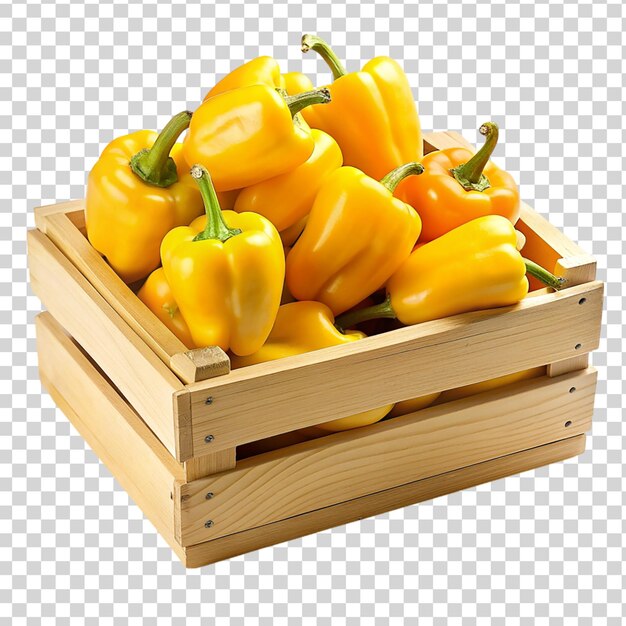 Gele paprika's in een houten kist op een doorzichtige achtergrond