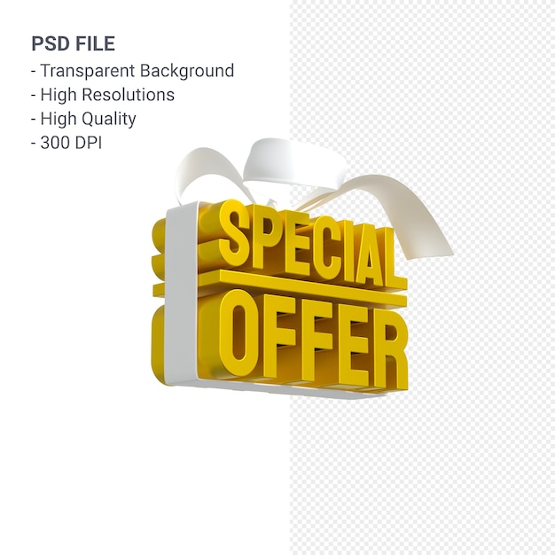 Gele speciale aanbieding verkoop 3d-ontwerp rendering te koop met witte boog en lint geïsoleerd
