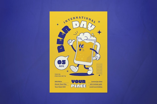 PSD gele traditionele cartoon internationale bierdag flyer