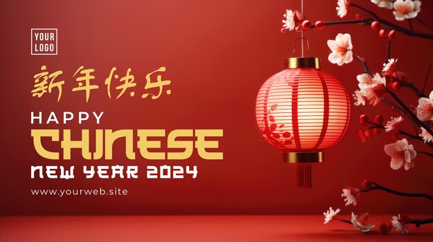 Gelukkig chinees nieuwjaar banner sjabloon met op een rode achtergrond een papieren lantaarn decoratie