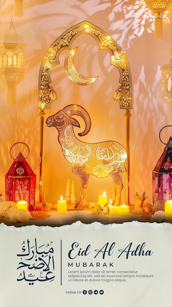 PSD gelukkig eid al adha social media post met islamitische decoratie achtergrond met geit schapen arabische lantaarn