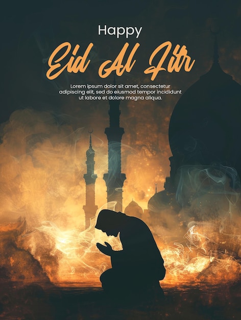 Gelukkig eid al fitr poster sjabloon met silhouet van moslim man aanbidden en bidden voor het vasten
