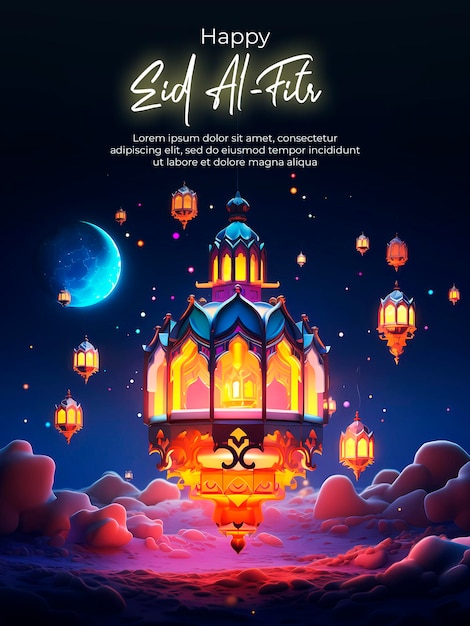 Gelukkig Eid mubarak en eid alfitr islamitisch festival met een achtergrond van lantaarns, maan en wolken