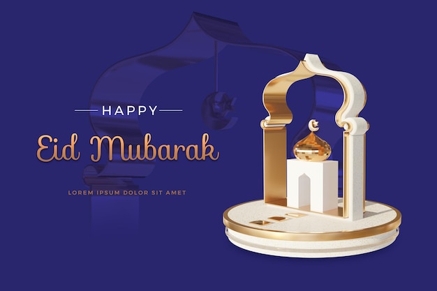 Gelukkig eid mubarak-ontwerp met 3d-rendering sjabloon