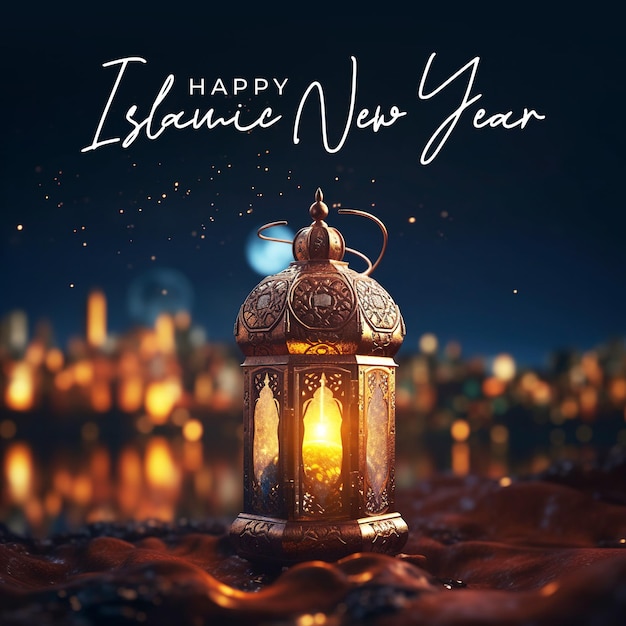 PSD gelukkig islamitisch nieuwjaar social media post met arabische lantaarnachtergrond