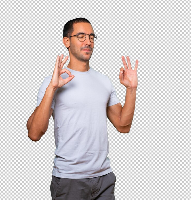 PSD gelukkig jonge man doet een gebaar van meditatie