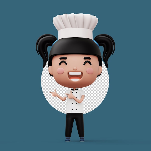 Gelukkig kind chef-kok dragen uniforme chef-kok wijzende vinger 3D-rendering
