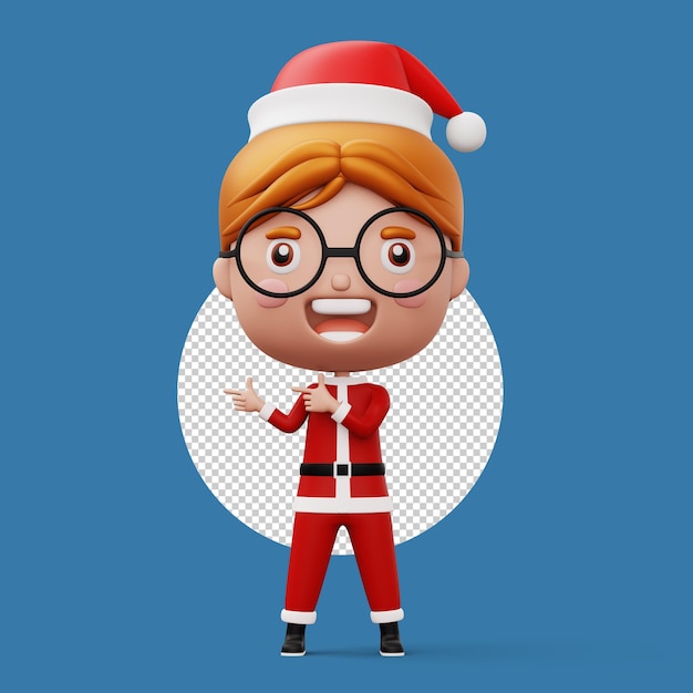 PSD gelukkig kind dat het kostuum van de kerstman draagt, wijzende vinger. vrolijk kerstfeest 3d-rendering