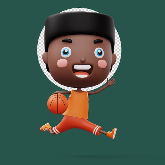 PSD gelukkig kind met basketbal bal schattige jongen cartoon karakter 3d rendering illustratie