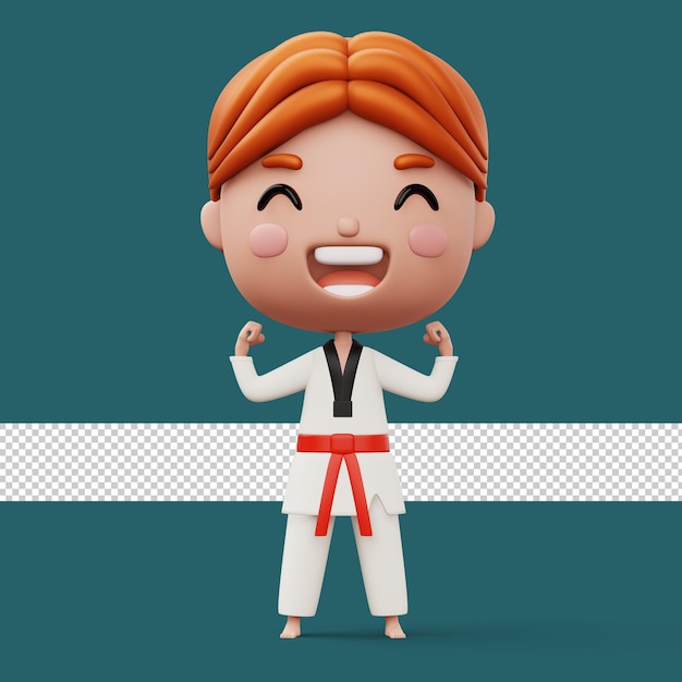 PSD gelukkig kind taekwondo vechter jongen draagt taekwondo uniform kind personage 3d rendering