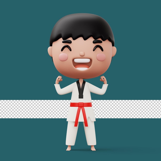 Gelukkig kind taekwondo vechter jongen draagt taekwondo uniform kind personage 3d rendering