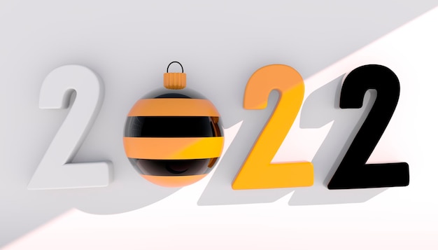 Gelukkig nieuwjaar 2022. 3d-nummers met geometrische vormen en kerstbal op een witte achtergrond. 3d render.