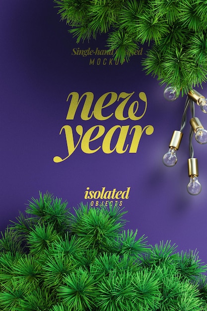 Gelukkig Nieuwjaar 2022 portret achtergrondmodel met decoratieve dennenbladeren Bovenaanzicht