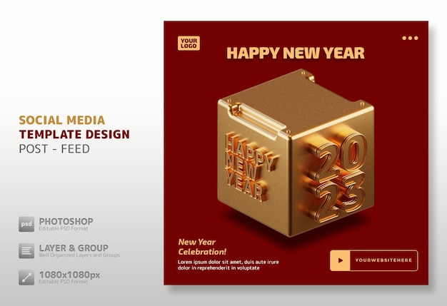 PSD gelukkig nieuwjaar 2023 hoge kwaliteit 3d render social media sjabloon post