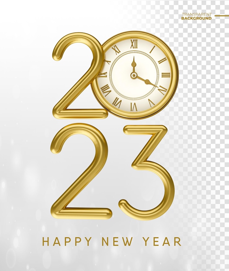 PSD gelukkig nieuwjaar 2023 in 3d render met gouden klok met transparant achtergrondsjabloonontwerp