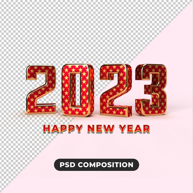 gelukkig nieuwjaar 2023 met gouden en wit effect 3d render concept voor achtergrond sjabloonontwerp