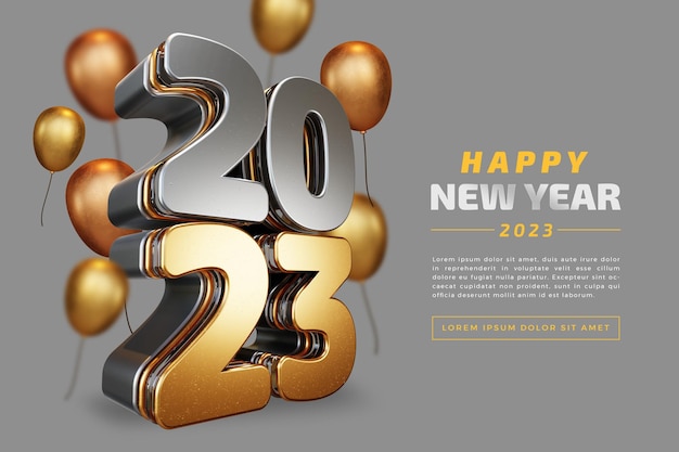 Gelukkig nieuwjaar 2023 vetgedrukte letters van hoge kwaliteit 3d render sjabloon op grijze achtergrond